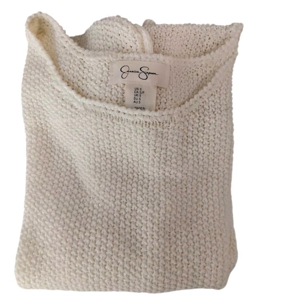 Jessica Simpson Sweater Womens Small White‎ Knit Cap Sleeve Crewneck Pullover